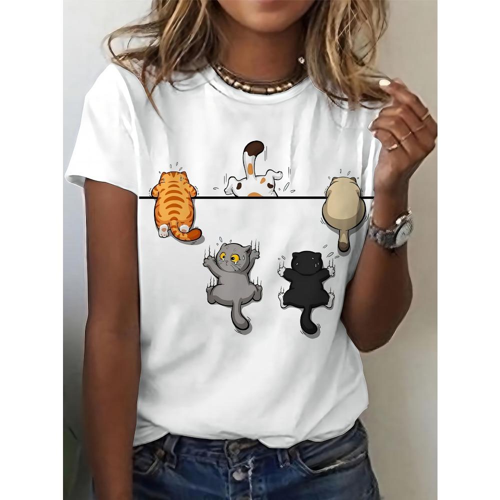 Summer Fashionable Comfortable T-shirt Women's Cute Anima 3D Printed Short Sleeved Round Neck Loose Oversized Soft Slightly Elastic T-shirt