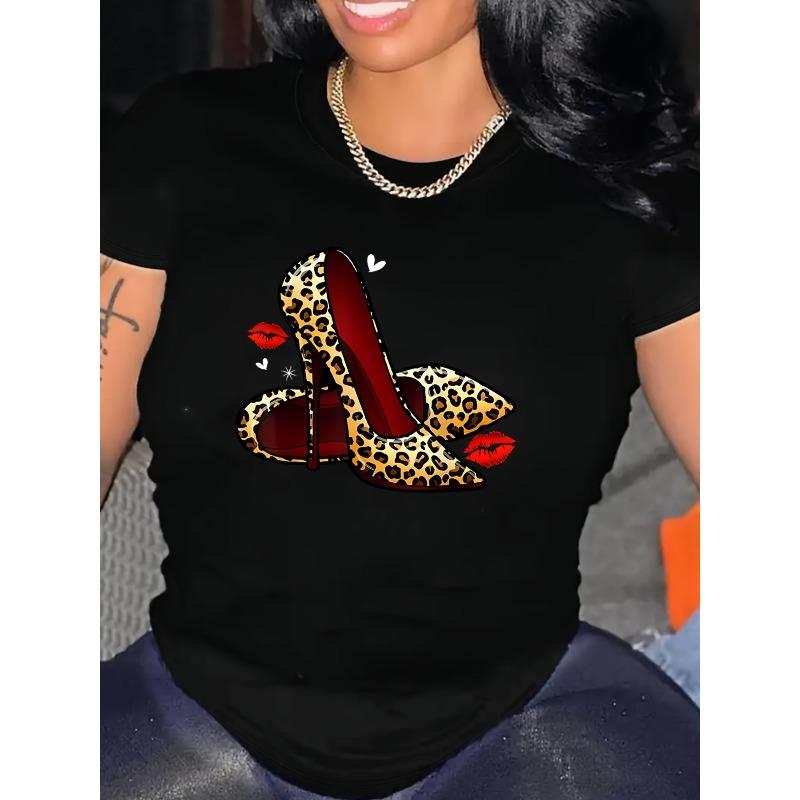 Mărime Europeană Femei Pantofi cu Toc Înalt Imprimeu Leopard Tricou Gât Rotund Mânecă Scurtă Casual Primăvară Vară Top