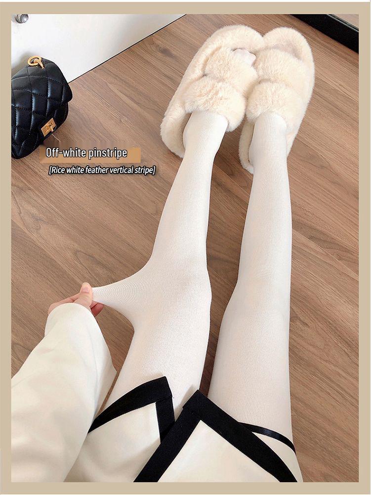Women's High-Waist Cotton Leggings - Thick, Velvet-Lined, Stirrup Tights In Milk White & Beige for Autumn/Winter