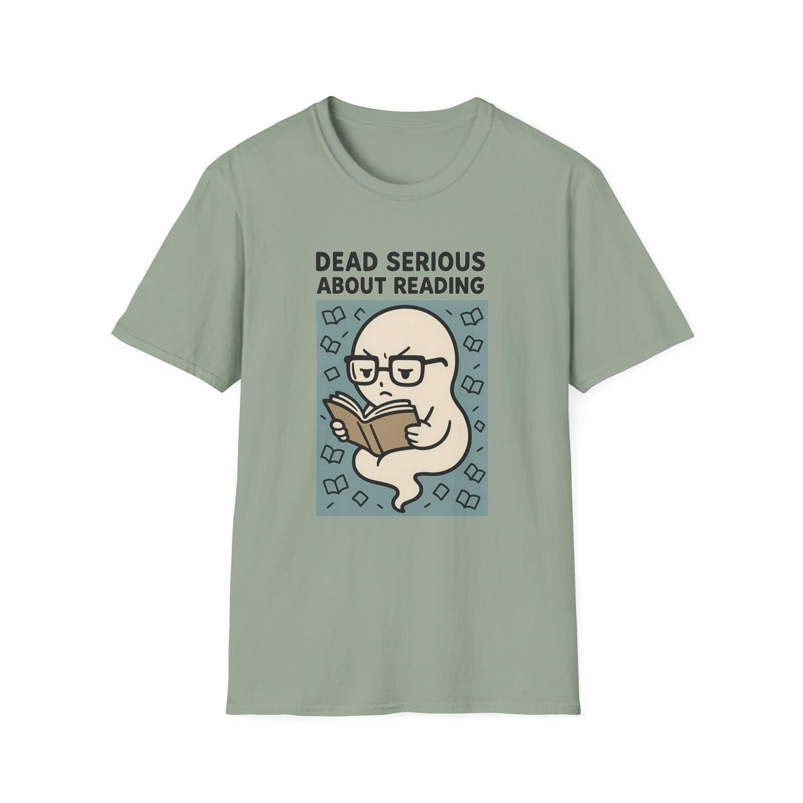 Unisex Softstyle T-Shirt Mens Womens Tees Top Dead Serious About Reading Ghost Book Glasses Halloween XL