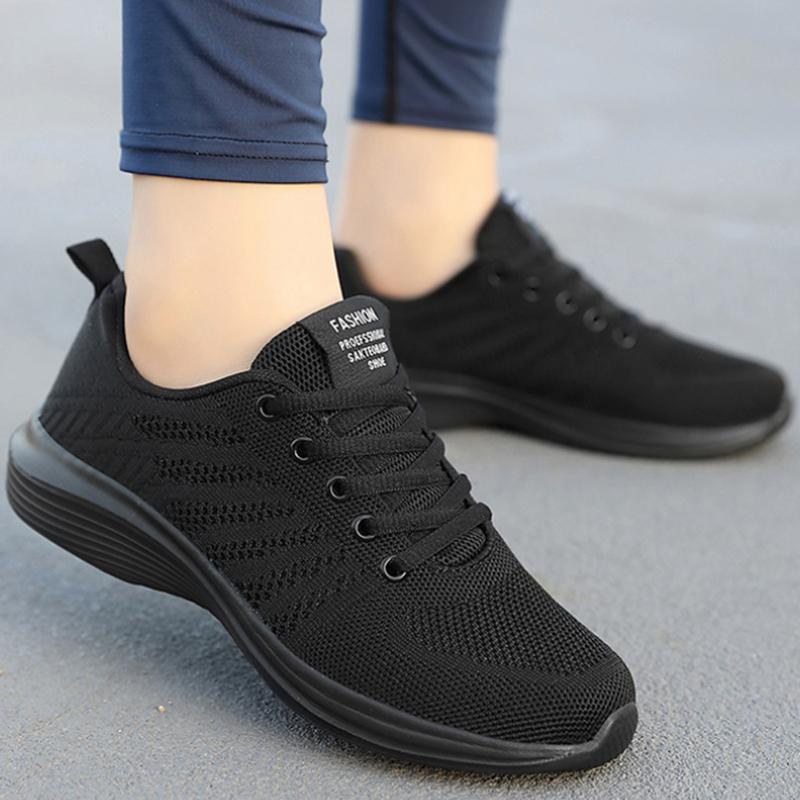 Women'S Shoes Spring New Casual Sneakers Comfortable Mesh Breathable Flying Knitted Sneakers Fashion Student Shoes Pure Black