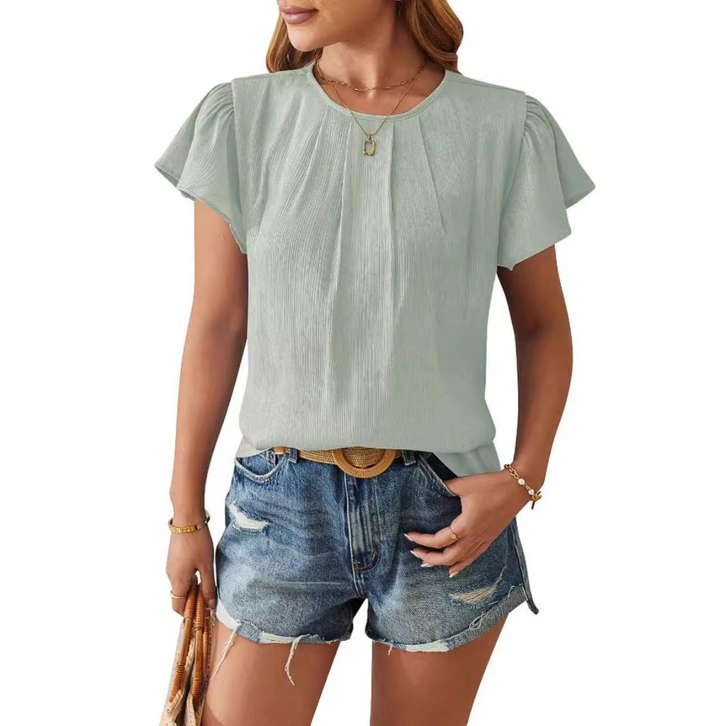 Spring Summer Women's European American Fashion Crew Neck Loose Blouse Shiny Fabric Petal Sleeve Casual Top