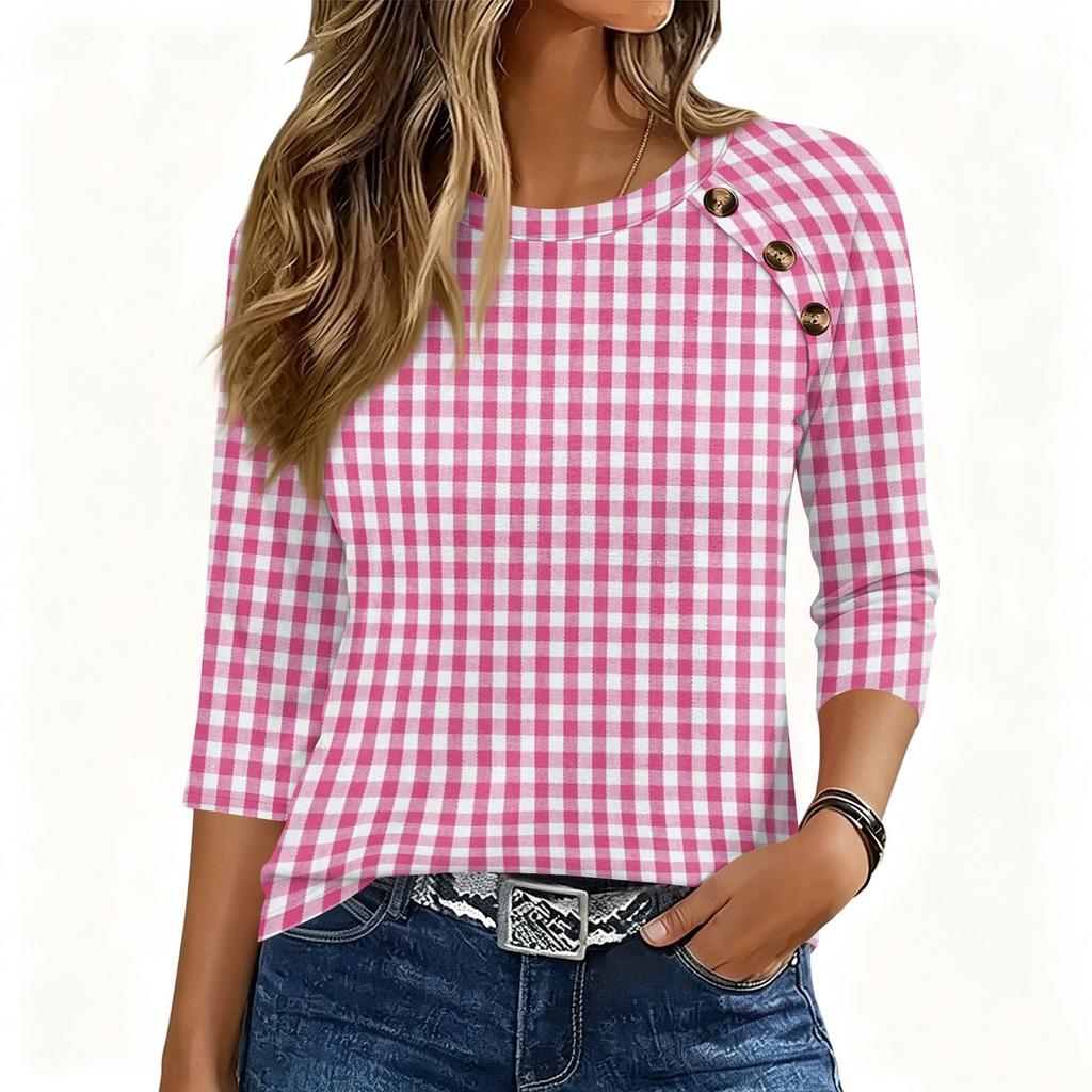 Women 34 Sleeve Crew Neck Button Decor Top Geometric Pattern Casual Loose Fit Blouse for Daily Wear Office Travel