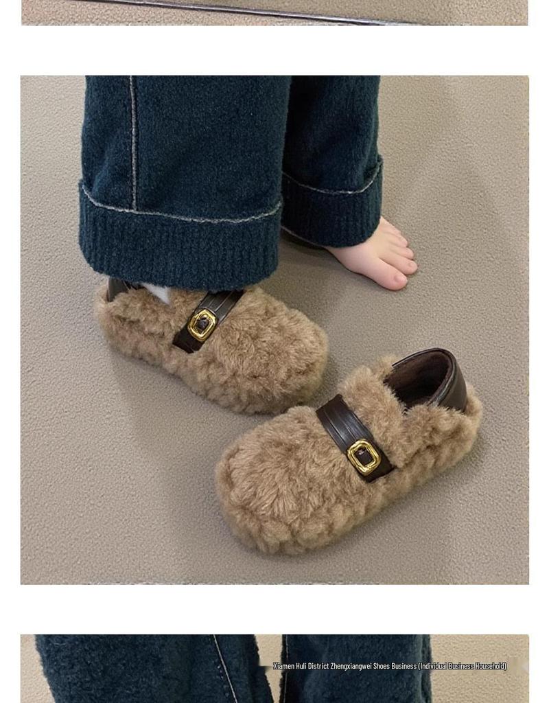 Lambswool Women's Fuzzy Winter Shoes 2025 - Fleece-lined, Thick Sole, Buckle, Warm Maternity Cotton Bean Shoes