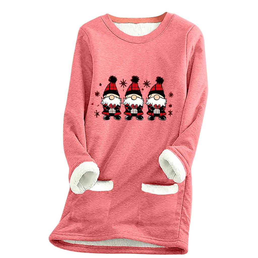 Ladies' Loose And Comfortable Round Neck Christmas Print Thick With Pockets Long Sleeved Top