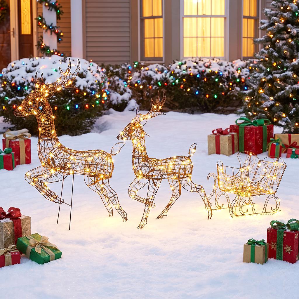 3-Piece Lighted Reindeer and Sleigh Set, PP Rattan Outdoor Christmas Decoration with LEDs, 8 Modes, Daily Timer
