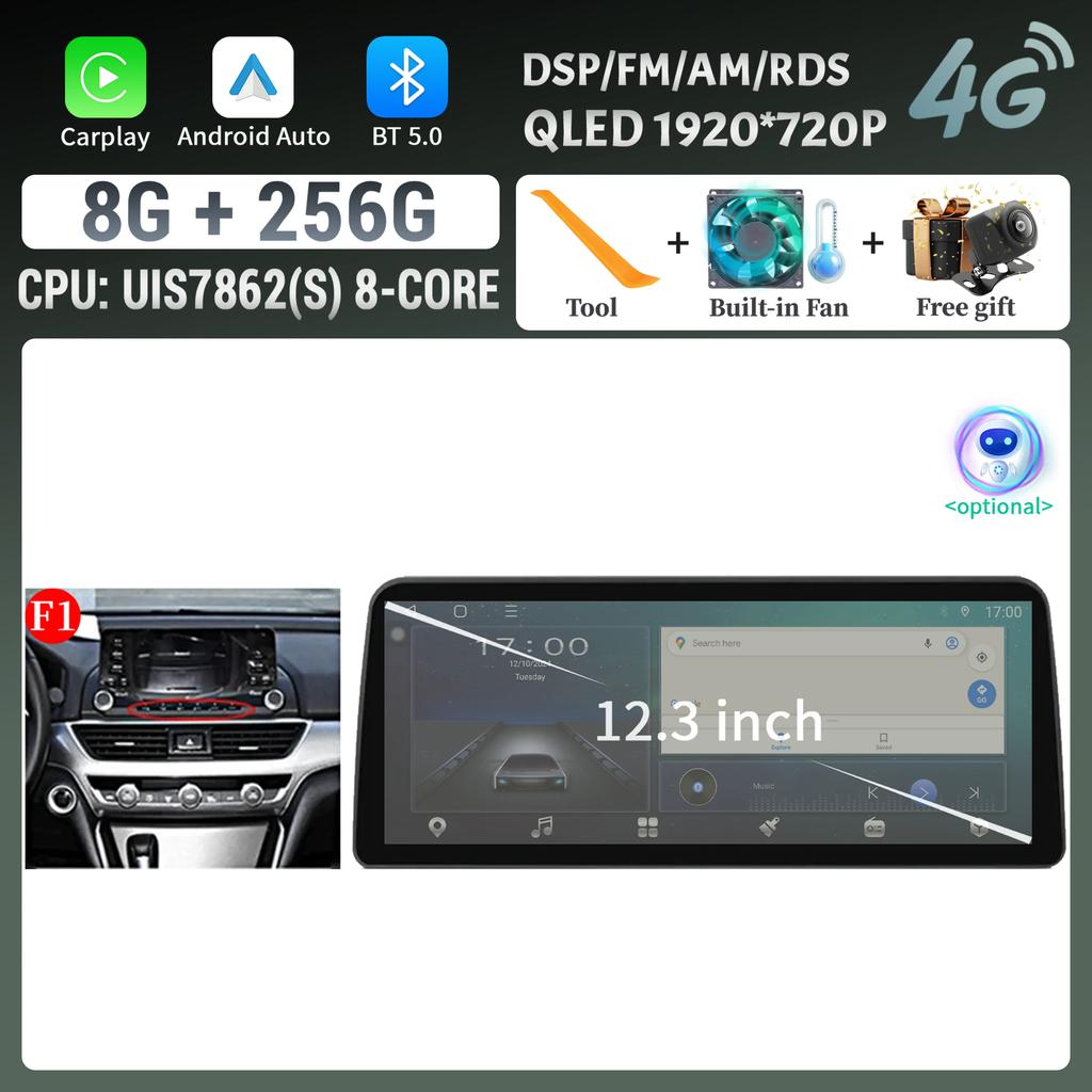 Android 14 12.3inch Screen For Honda Accord 10 2018 2019 2020 2022 Car Radio Multimedia Navigation 4G Wireless BT CarPlay Stereo