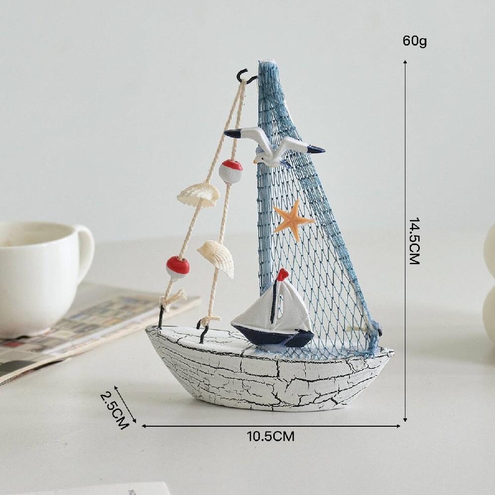 Mediterranean Wooden Sailboat Ornament Handcrafted Coastal Nautical Shelf Decor With Starfish Seagull Fishing Net Sails 2 Styles