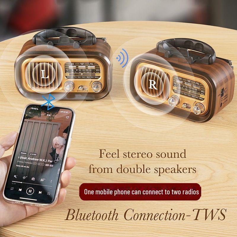 Retro Bluetooth Speaker with Solar Radio, Audio Phone Holder, FM Subwoofer, and Wireless Headset.