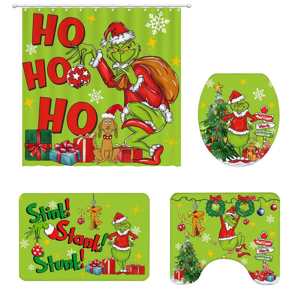 4 Christmas Bathroom Sets, Shower Curtain, - Carpet, Horse Cover And - U-shaped Bath Mat, Christmas Holiday Bathroom Decoration