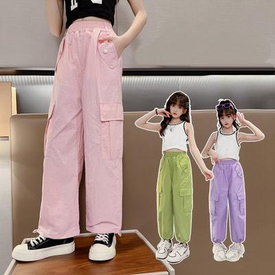 Mode für Teenager-Mädchen, gerade Cargohose mit vier Taschen, Sommerangebote, Kinderkleidung, hohe Taille, lange Hose