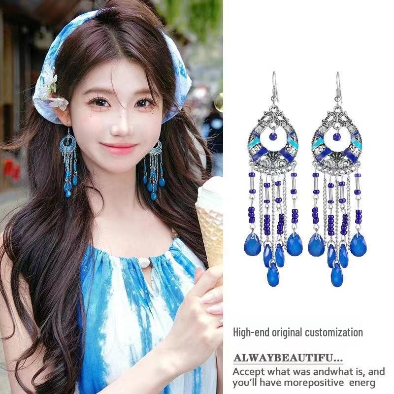 Bohemian Cross-Border Handmade Water Drop Rice Bead Tassel Earrings for Travel Photography
