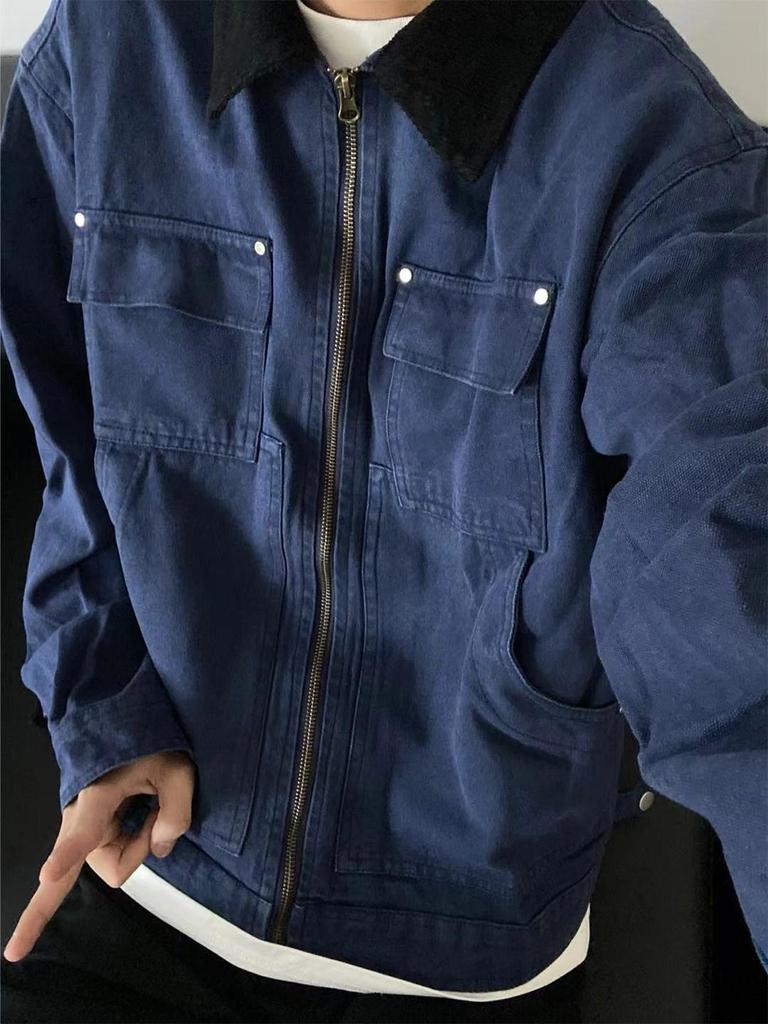 Men's Retro Blue Detroit Workwear Jacket - Heavyweight Spring/Autumn Color Block Lapel Outerwear