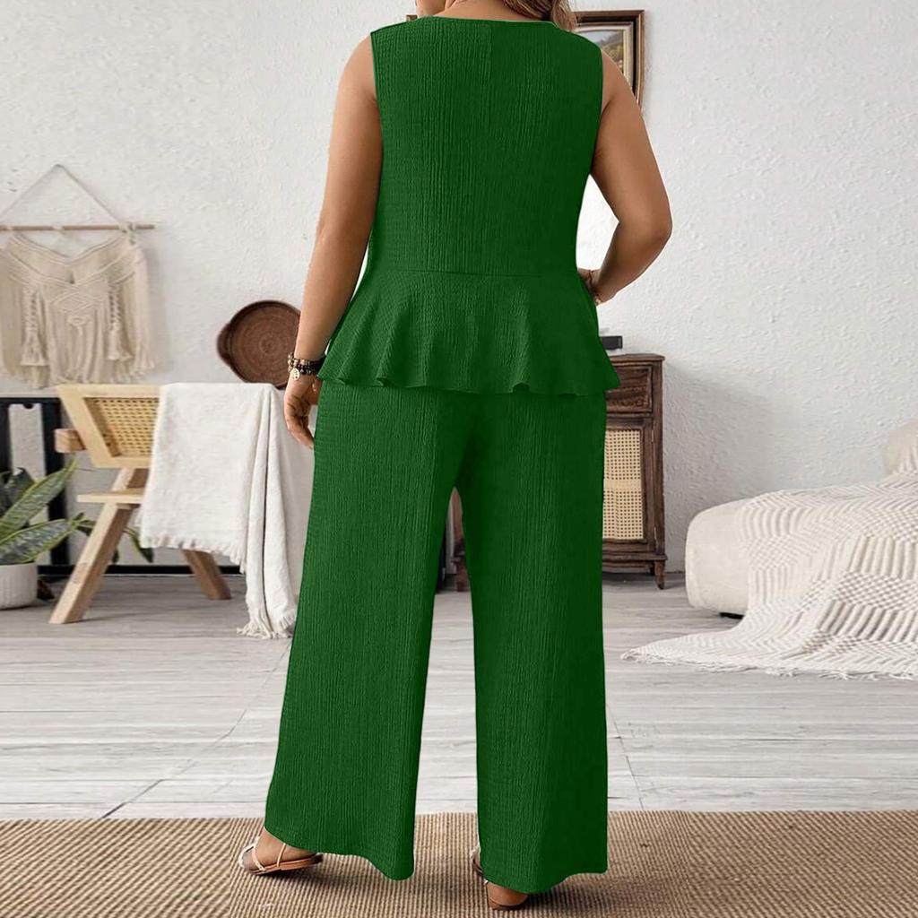 Damski letni casualowy modny top bez rękawów w dużym rozmiarze, luźny i wygodny, spodnie z szerokimi nogawkami, zestaw dwuczęściowy