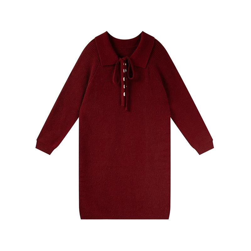 Ai Yuan 2025 Winter Plus Size Women's Loose POLO Collar Lace-up Knit Dress F716