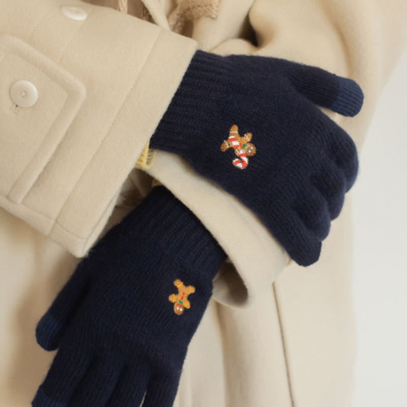 SNOOZY Gingerbread Man Embroidered Wool Knit Gloves Navy