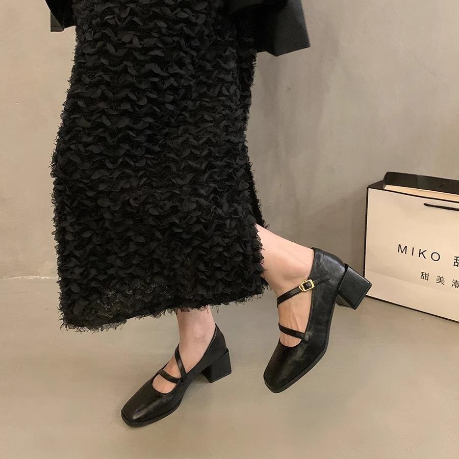 Thick Heel Square Head Mary Jane Small Leather Shoes Women's British Spring and Autumn Shoes Light Mouth Single Shoes Women's Temperament French Retr