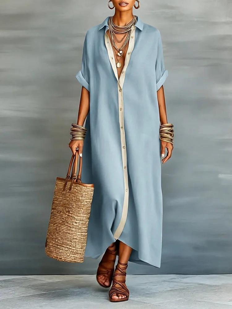 2026 Spring Women s Color Block Cotton Linen Shirt Dress - European & American Style New Arrivals XL небесно-голубой