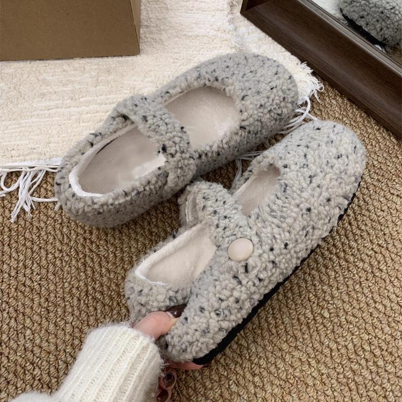Autumn Winter Short Plush Women Mary Jane Shoes Comfort Round Toe Soft Sole Shoes Outdoor Warm Cotton Flats Shoes
