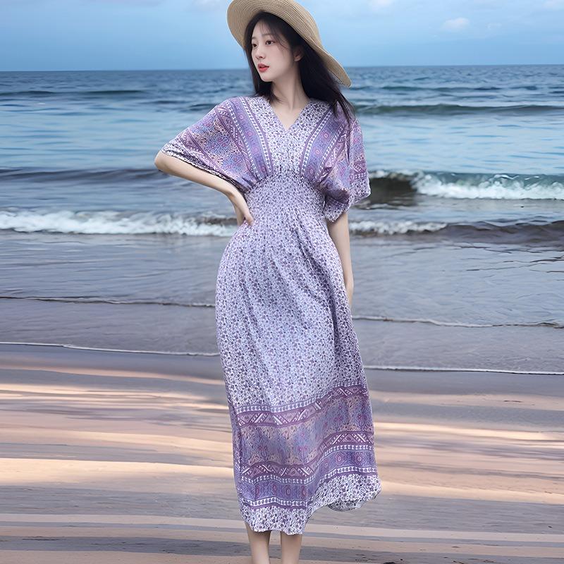 Ethnic Style V-neck Cotton and Silk Short-sleeved French Thai Style Dress for Women's Summer Printing Pastoral Style Skirt for Vacation Wear