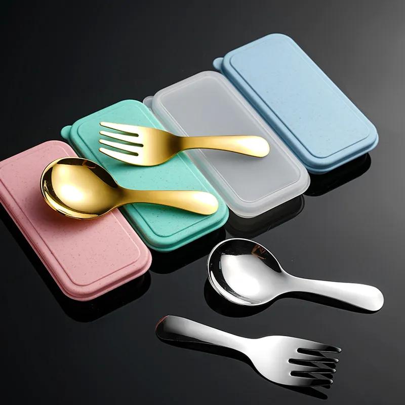 304 Stainless Steel Fork Spoon Set With Box Dessert Spoon Fruit Fork Outdoor Picnic Camping Travel Compact Mini Portable Tableware Set YLE209