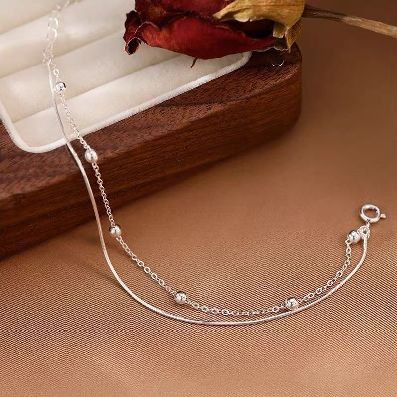 Popular 925 Silver Small Round Bead Chain Bracelet Double-layer Snake Bone Bracelet Women Fashionable Jewelry Gift