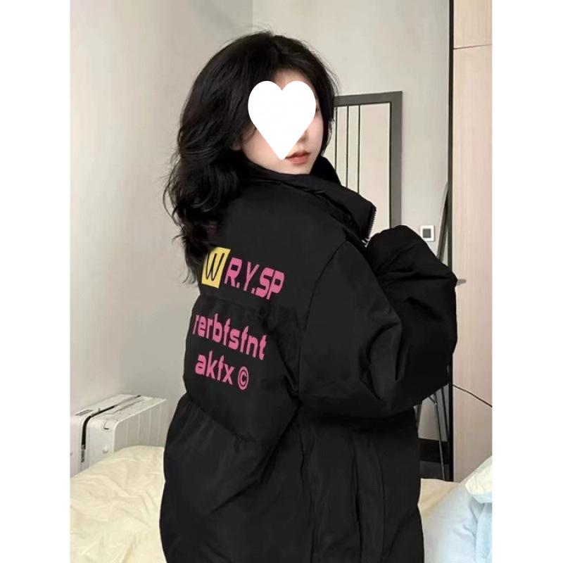 Retro Trendy Puffer Jacket: Winter Thickened Stand Collar, American Lazy BF Style Outerwear M чёрный