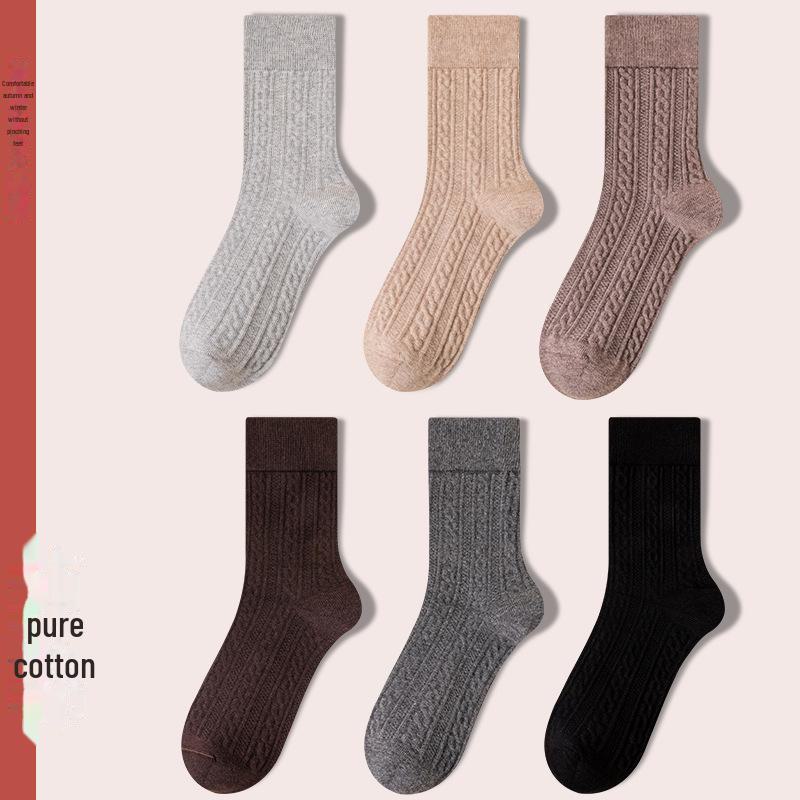 Women's Retro Twist Pure Cotton Mid-Tube Socks - Antibacterial, Deodorant, Autumn/Winter, White Long Socks.
