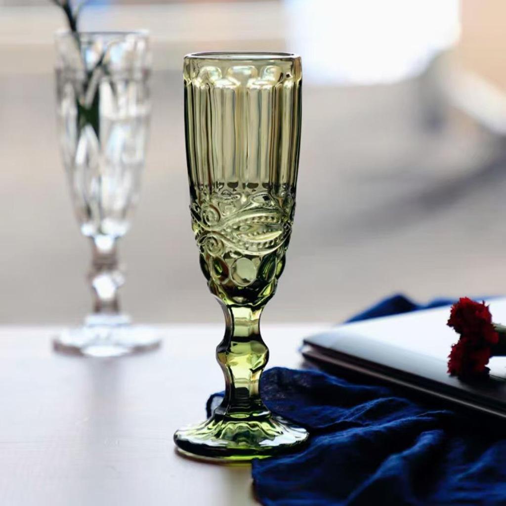 Vintage Tall-Stemmed Champagne and Wine Glasses, Embossed Thickened Juice Cups, Retro Cocktail Style