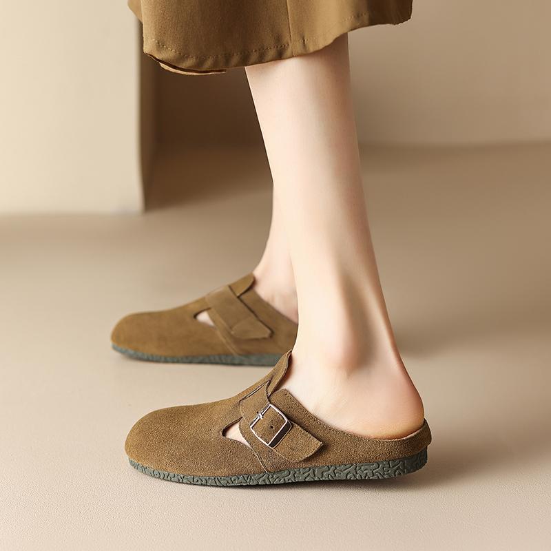 Fashion 2025 New Summer Women Mules Cow Suede Leather Women Shoes Round Toe Cover Toe Slip-on Women Sandals Retro Modern Slippers