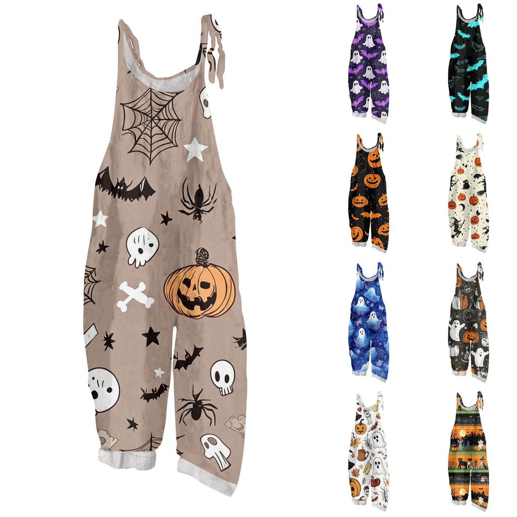 Women Halloween Print Loose Fit Vintage Style Overalls Casual Linen Blend Sleeveless Wide Leg Jumpsuit with Adjustable Straps