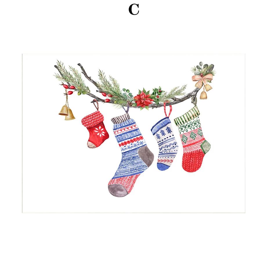 Retro Reindeer Sleigh Christmas Tree Canvas Print Christmas Socks Christmas Wall Art Poster for Modern Nordic Home Decor Gifts