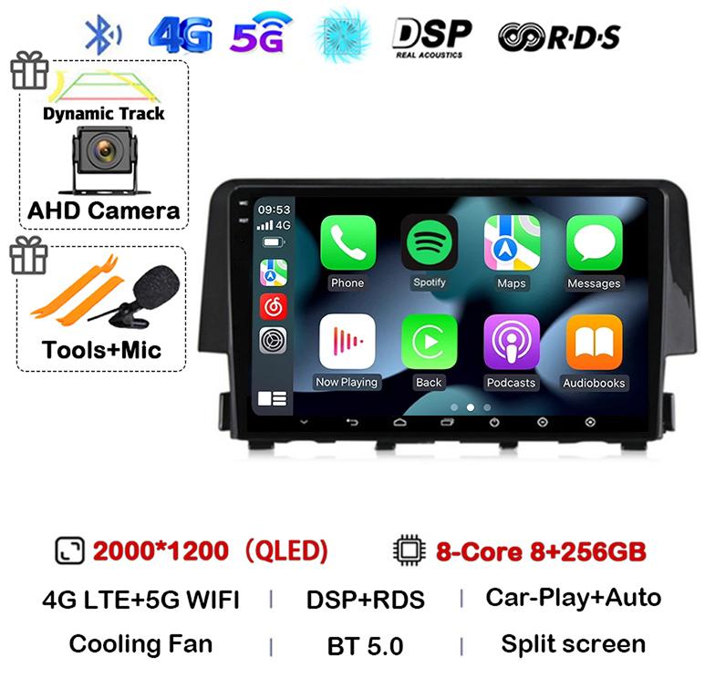 Android 14 Wireless Carplay Auto For Honda Civic 2016 2017 2018 2019 2020 Car Radio Stereo Multimedia Player GPS 4G+WIFI DSP