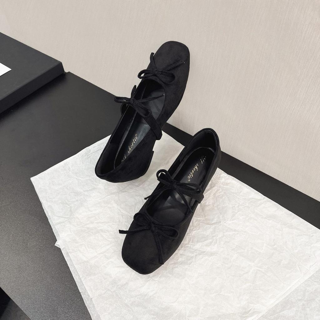 Height increase 5CM bow word with square head ballet single shoes women's 2025 new evening wind suede Mary Jane shoes