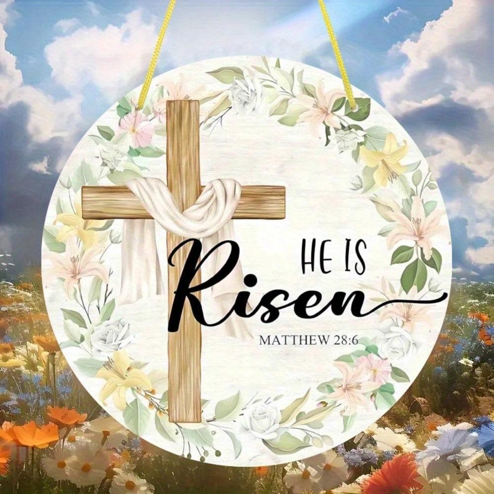 He is Risen Metal Tin Sign Easter Christian Wall Plaque Floral Wreath Decor Matthew 28:6 20x20