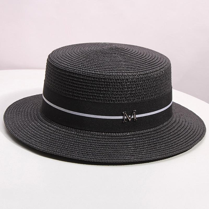 Straw hat women s summer flat top small top hat beach vacation hat straw woven hat sun hat чёрный