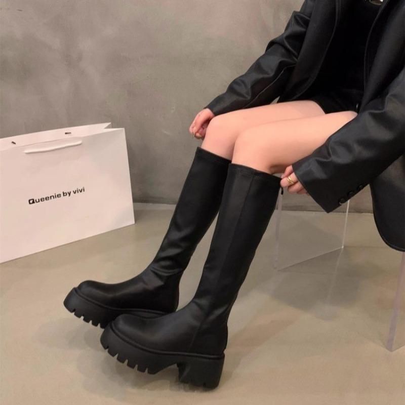 

Мода Женская мода Обувь на толстом каблуке Осень Новые Тупой носок Рукав Подошва Противоскользящая Износостойкая Высокие сапоги 40