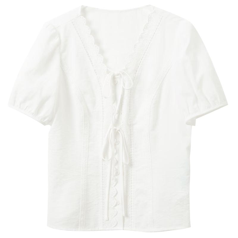 Sancai 2026 Summer Lace V-Neck Short Sleeve White Blouse