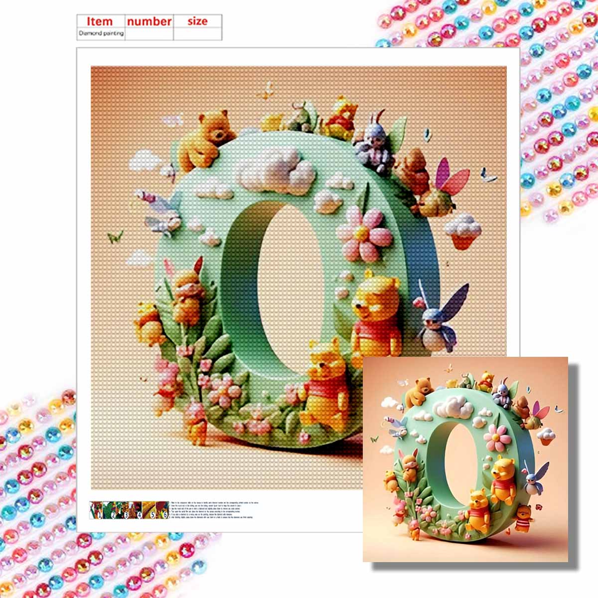 

DIY Diamond Painting Round Diamond Winnie and The Letter O Full Diamond Mosaic Home Decoration Painting Cross Stitch Kit Round 20x20cm