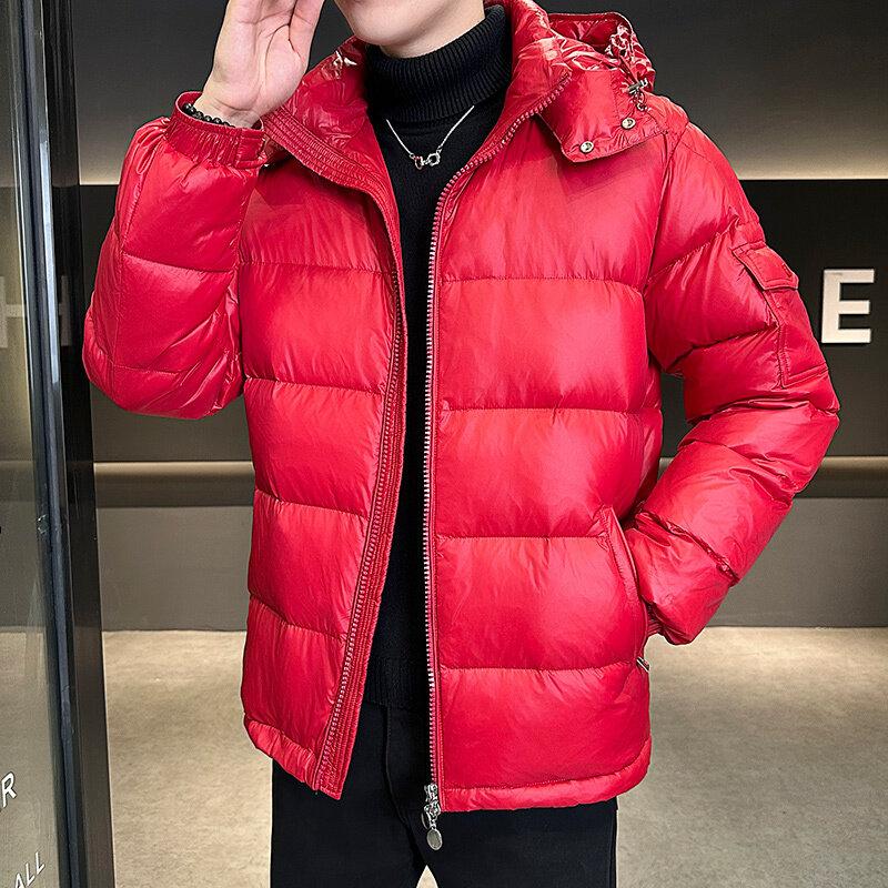 Short Winter Hooded Parkas Waterproof Men's Thickened Warm Long Sleeve Cardigan Jacket New Glossy Down Men's Fashion Jackets