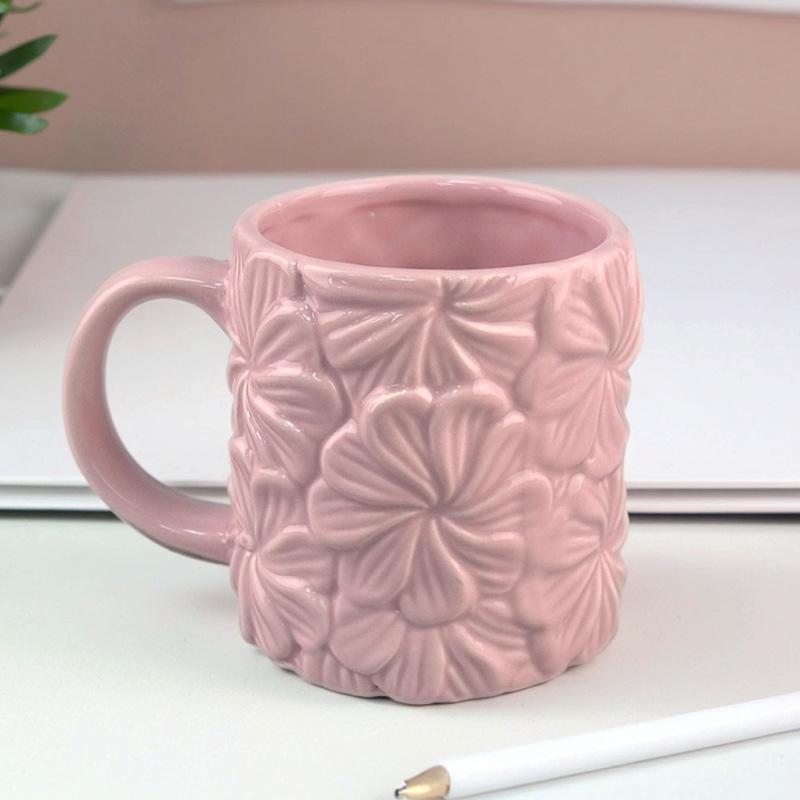 Creative, High-looking, Exquisite Tender Pink Embossed Flower Ceramic Mug for Girls, Springy Home Coffee Cup for Drinking Water
