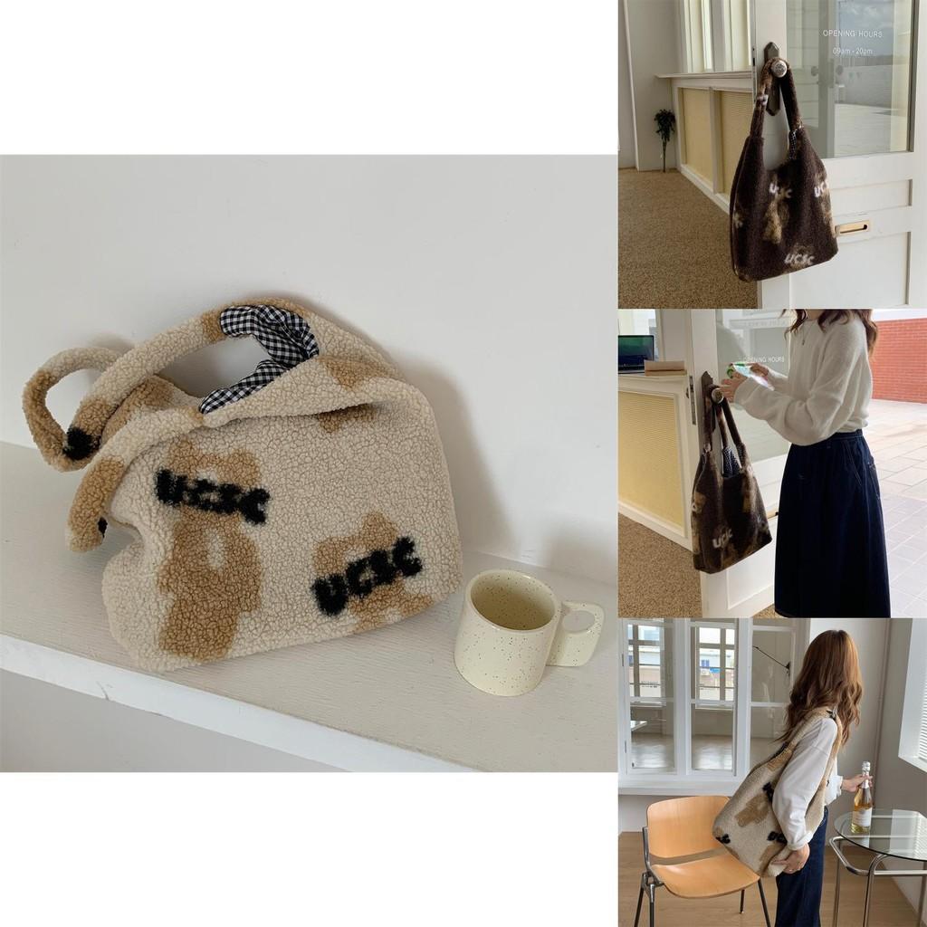 Stylish Plush Teddy Bear Tote Bag Soft Lambswool Large Capacity Everyday Purse