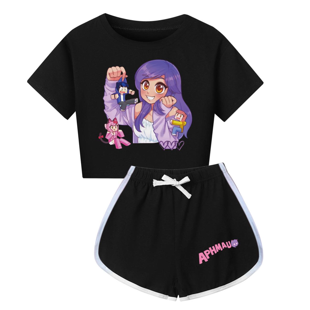 Anime Aphmau Cat Clothes Kids Comfort Running Dance T Shirt+Shorts 2pcs Sets Baby Girls Summer Clothing Set Children Sportsuit 110