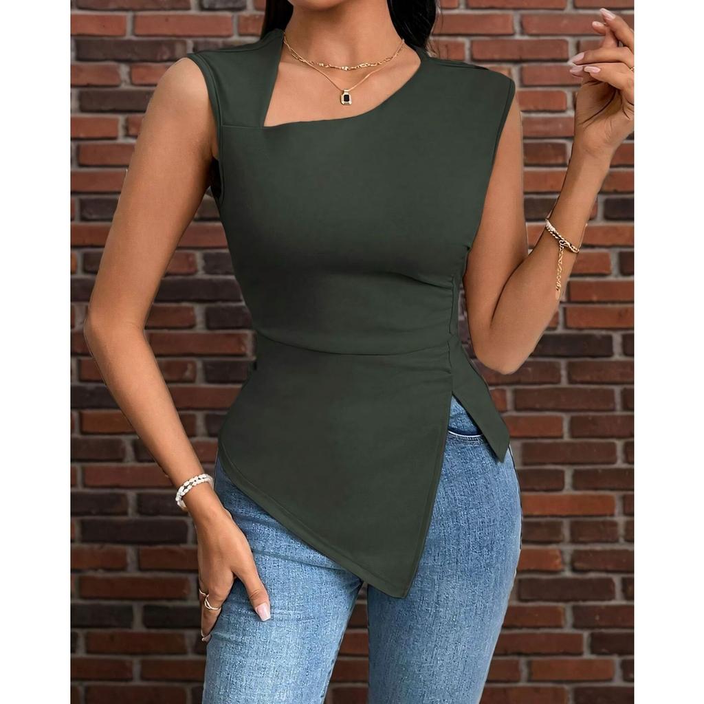 Sommer Unregelmäßiges Damen T-Shirt Einfarbig Schräghals Ärmelloses Top