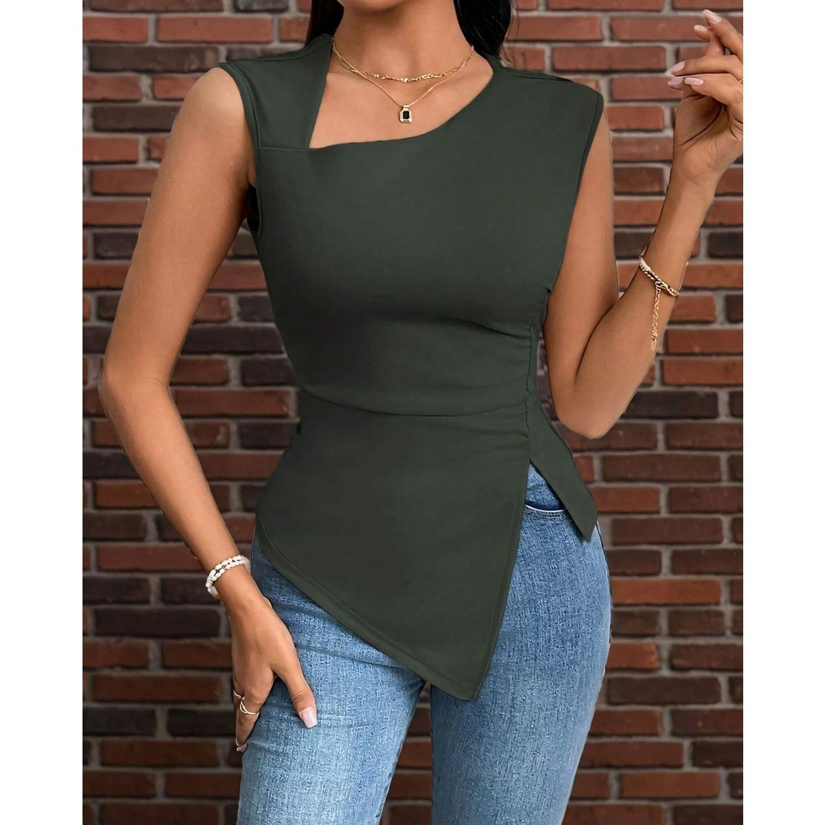 

Летняя асимметричная женская футболка однотонная с косым вырезом без рукавов XL темно-зеленого