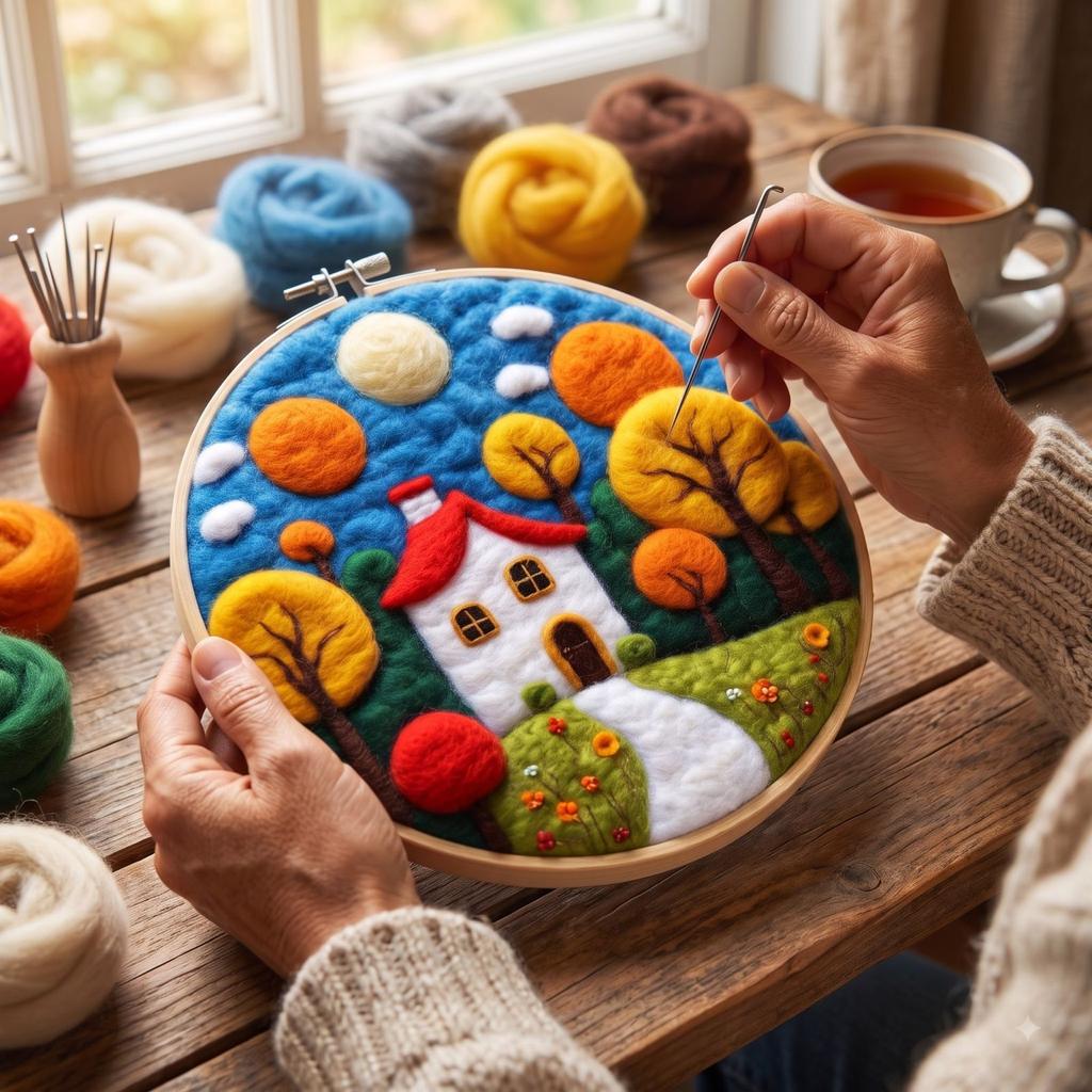 Needle Felting Kit for Beginners with Embroidery, Wool Painting Set for Home Decor