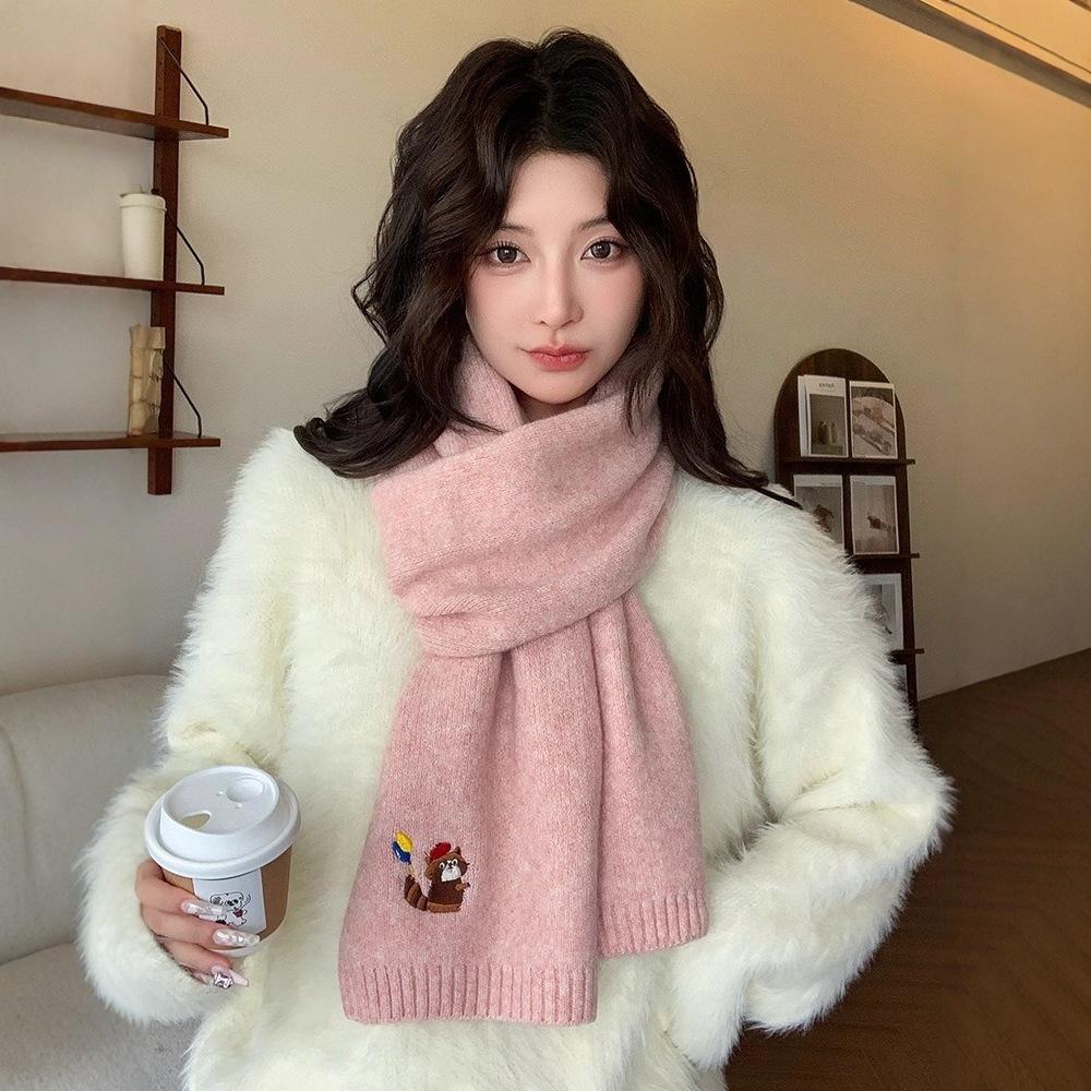 Cartoon embroidered knitted scarf women's autumn and winter new Korean solid color atmosphere cold and warm scarf