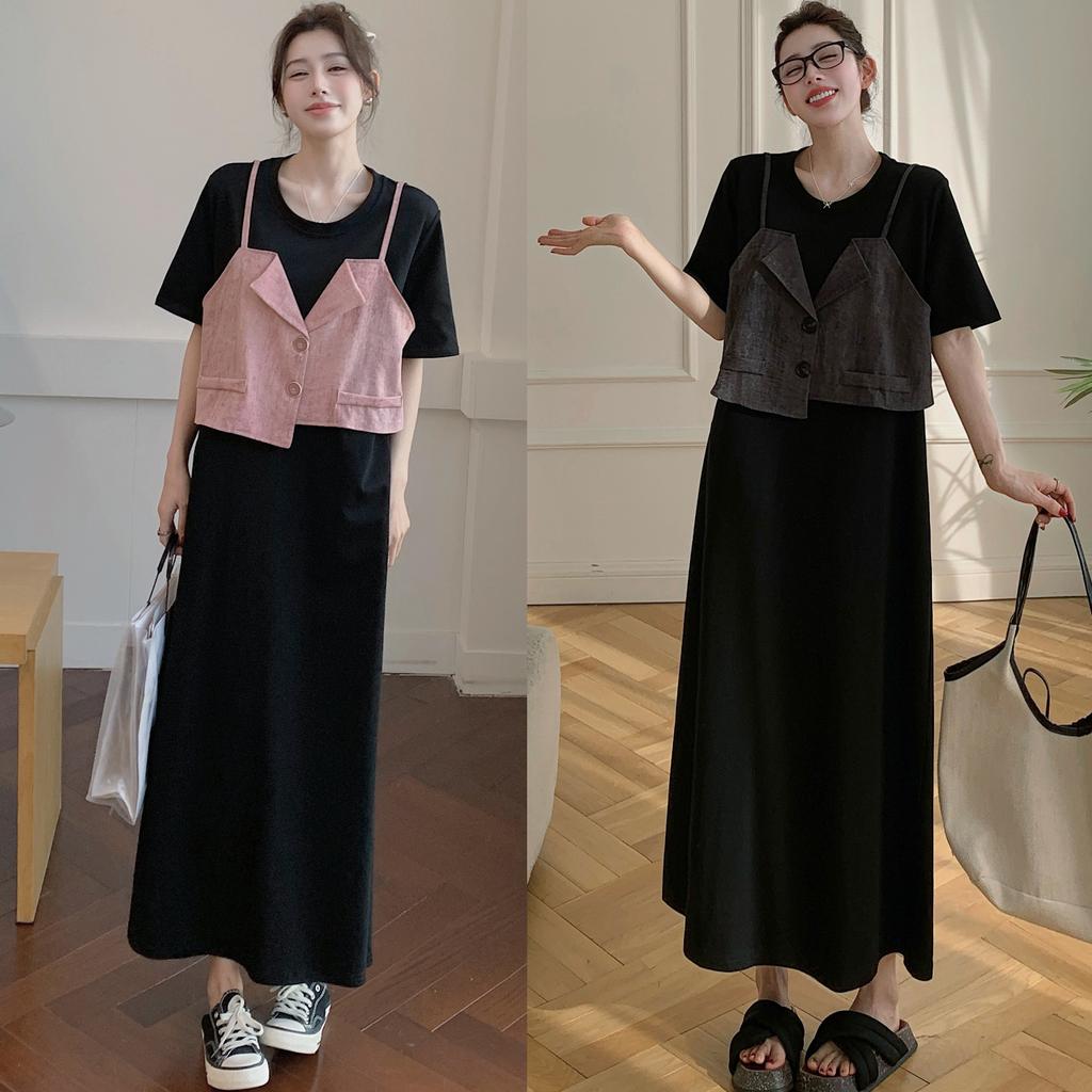 DIMANAF 2025 Sommer Übergröße Kleid Damen Lässig Vintage Kleid Basic Locker O-Ausschnitt Lang Fake Zweiteiler Kleid Baumwolle