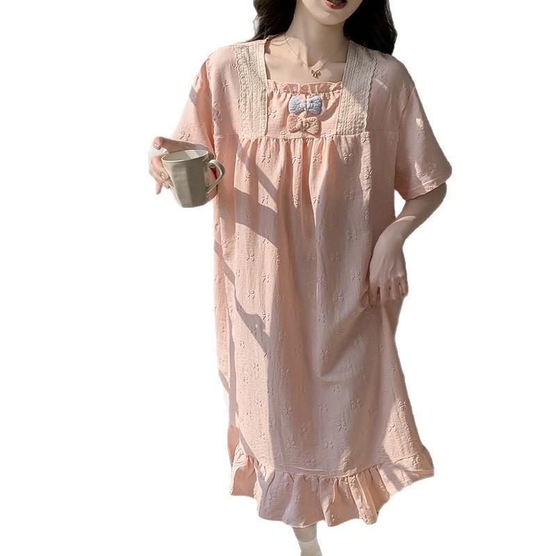 2026 Summer Princess Style Embossed Cotton Nightgown with Bra Pads - Women's Long Short-Sleeve Home Dress