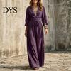 Solid Color Lace Dress Women V-Neck for Fall, 3/4 Sleeves Maxi with V Neck Belt, Loose Casual Long Vacation Daily Wear Belt